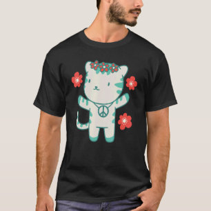 Camiseta Gato Hippie com Flores e Símbolo da Paz