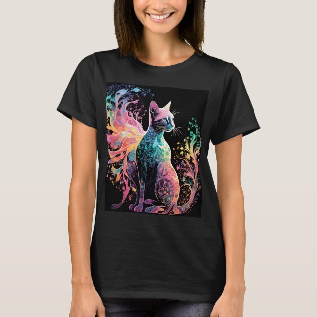 Camiseta Gato Holográfico Espectral: Um Prismo de Elegância (Frente)