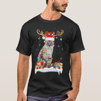 Camiseta Gato Iluminação Renas Natal Chapéu de Papai Noel G