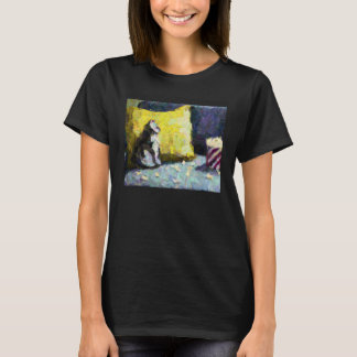 Camiseta Gato Impressionista de IA Assistindo TV e Comendo 