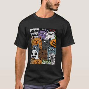 Camiseta Gato Impresso de Design de Halloween Esqueleto de