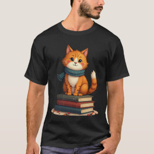 Camiseta Gato Introvertido Lendo Livros Outono Aconchegante