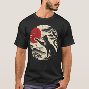 Camiseta Gato Japonês Alcançando Lua Vermelha Arte Vintage