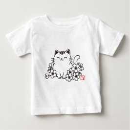 Camiseta Gato japonês bonito e Sakura com Carimbo Neko