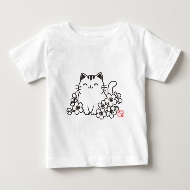 Camiseta Gato japonês bonito e Sakura com Carimbo Neko (Frente)