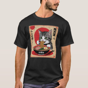 Camiseta gato japonês com olhos verdes comendo desenho de r