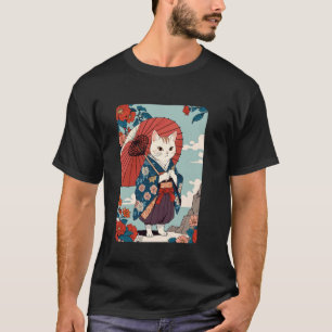 Camiseta Gato Japonês Fofo Arte Retro Geisha Gato Neko Vint
