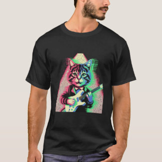 Camiseta Gato Japonês Vaporwave Tocando Guitarra Rock Star 