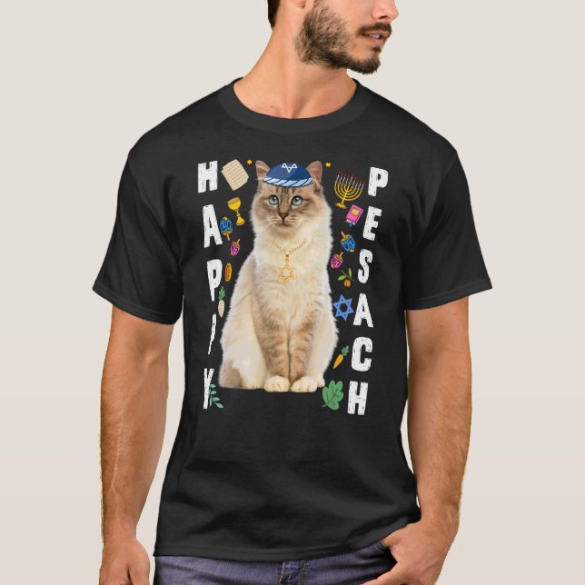 Camiseta Gato Judeu Kippah Feliz Pesach Matzah Passover Hol (Frente)