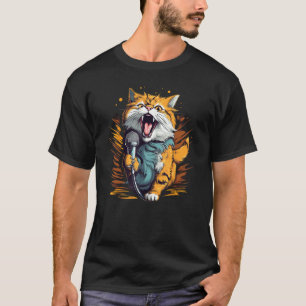Camiseta Gato Karaokê Bonito com Microfone para Cantor e Le