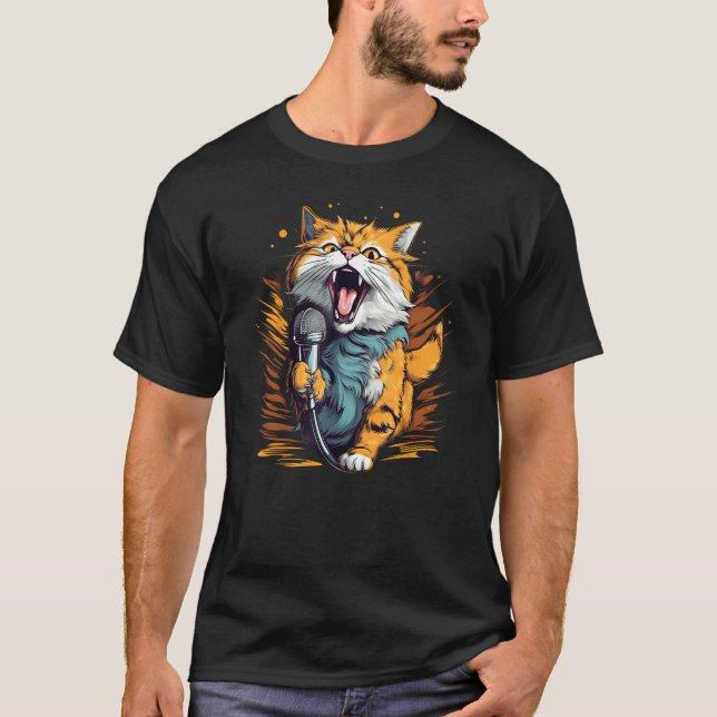 Camiseta Gato Karaokê Bonito com Microfone para Cantor e Le (Frente)