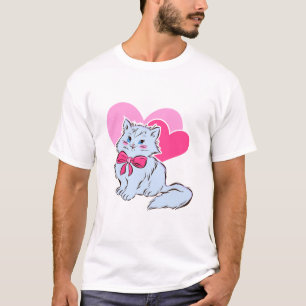 Camiseta Gato Kawaii Azul com Laço Rosa e Corações