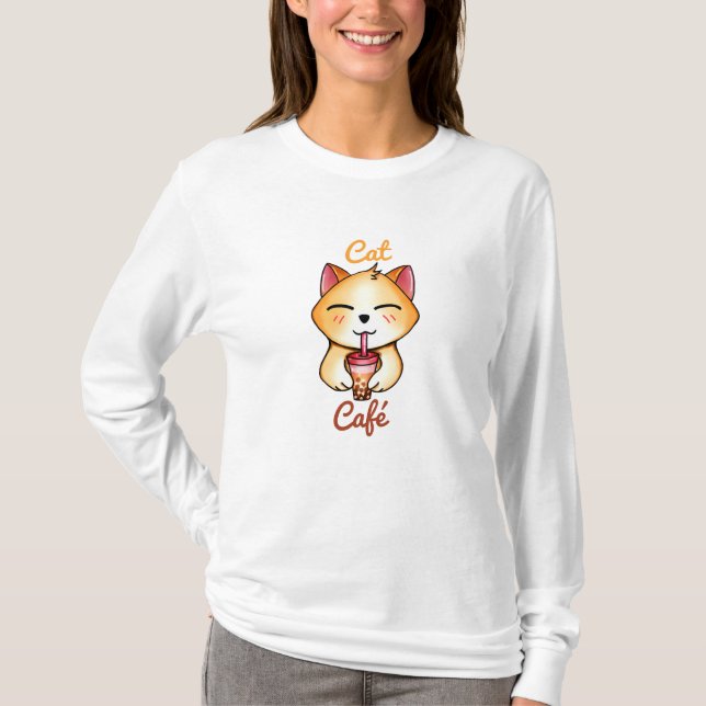 Camiseta gato kawaii bebendo chá de leite com Boba (Frente)