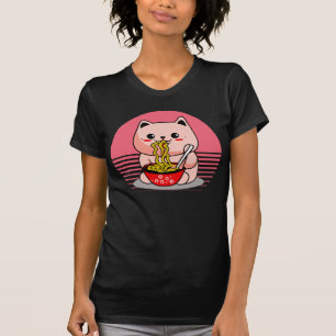 Camiseta Gato Kawaii bonito comendo rêmen