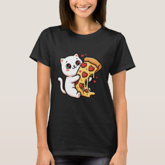 Camiseta Gato Kawaii Branco Abraçando Pizza Coração Peppero