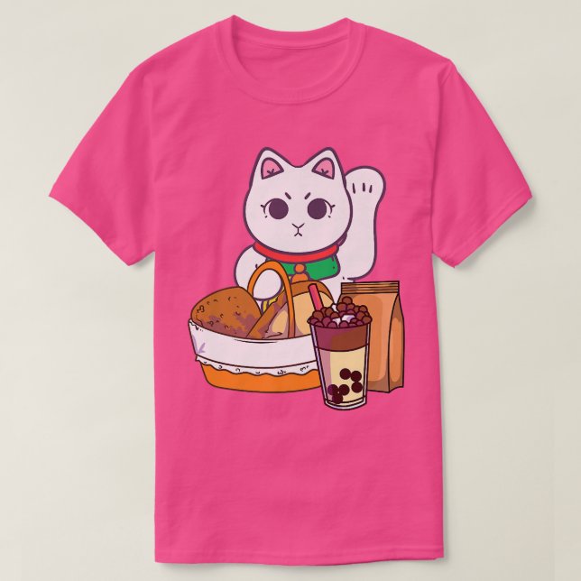 Camiseta Gato Kawaii com Comida Boba Bubble Tea Neko Anime  (Frente do Design)