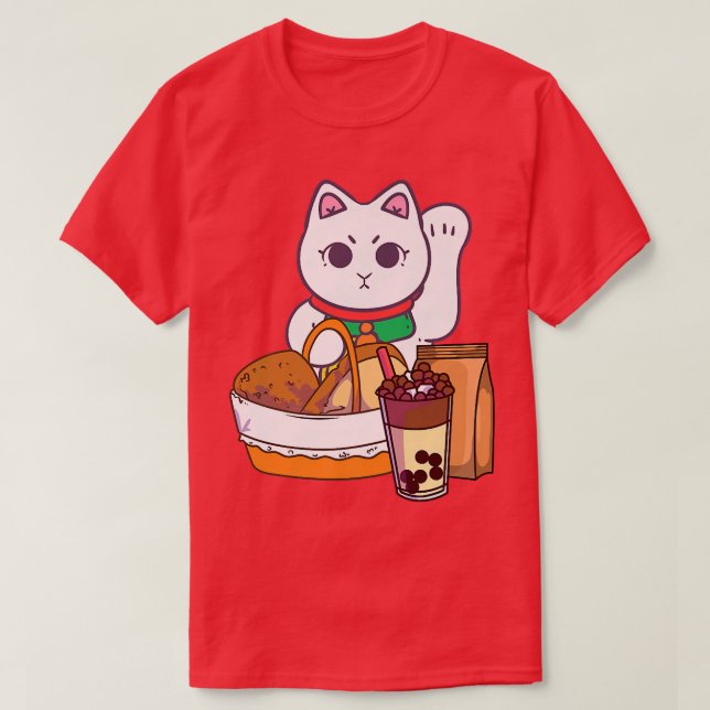 Camiseta Gato Kawaii com Comida Boba Bubble Tea Neko Anime  (Frente do Design)