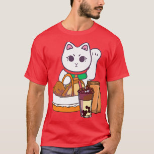 Camiseta Gato Kawaii com Comida Boba Bubble Tea Neko Anime