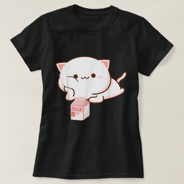 Camiseta Gato Kawaii com Leite de Morango (Frente do Design)