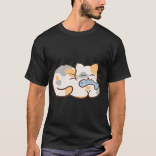 Camiseta gato kawaii comendo peixe
