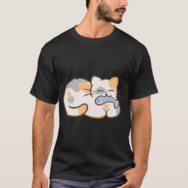 Camiseta gato kawaii comendo peixe (Frente)