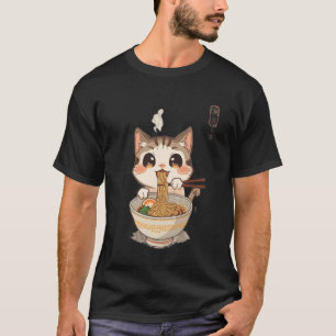 Camiseta Gato Kawaii Comendo Ramen de Gato Merch Anime Pres