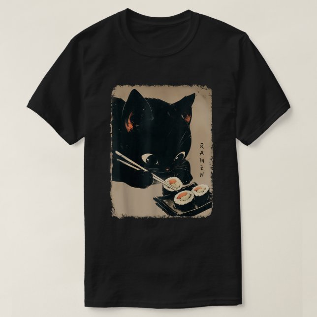 Camiseta Gato Kawaii Comendo Sushi Anime Japonês Gato Bonit (Frente do Design)
