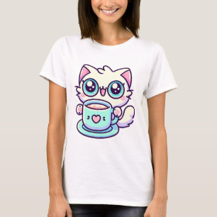 Camiseta Gato Kawaii de Olhos Grandes com Teacup Cute