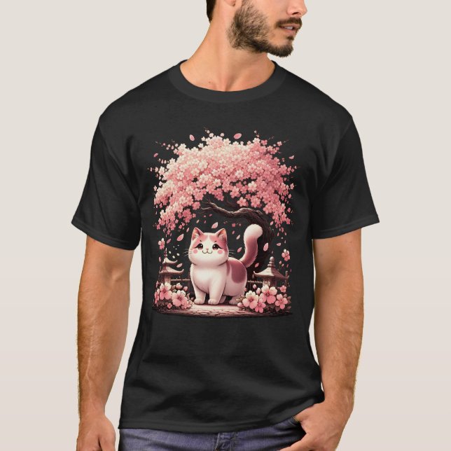 Camiseta Gato Kawaii Japonês Neko Cherry Blossom (Frente)