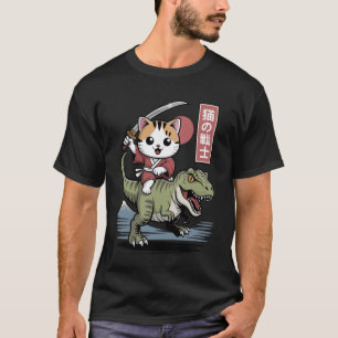 Camiseta Gato Kawaii Montando T-Rex Arte Japonês Anime Samu