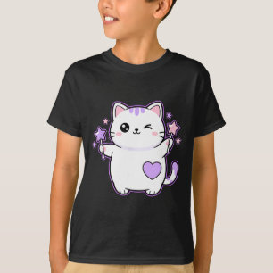 Camiseta Gato Kawaii Piscando Gato Varinha Mágica Estrela,