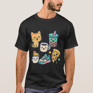 Camiseta Gato Kawaii, Pizza, Chá e Café - Divertido