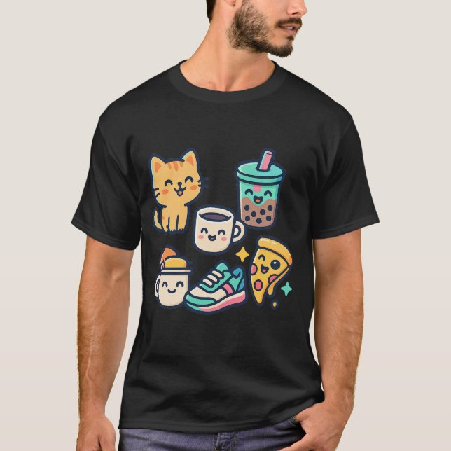 Camiseta Gato Kawaii, Pizza, Chá e Café - Divertido (Frente)