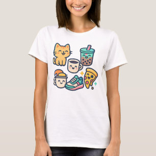 Camiseta Gato Kawaii, Pizza, Chá e Café - Divertido