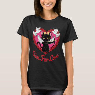 Camiseta Gato Kawaii Preto Cupido Com Coração E Rosa Mira P