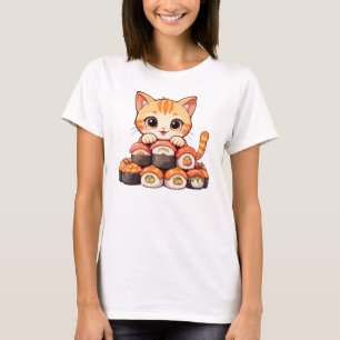 Camiseta Gato Kawaii Sushi - Gatinha de Cartoon Gatinho Rol
