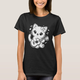 Camiseta Gato Kawaii Tocando Ukulele Manga Longa