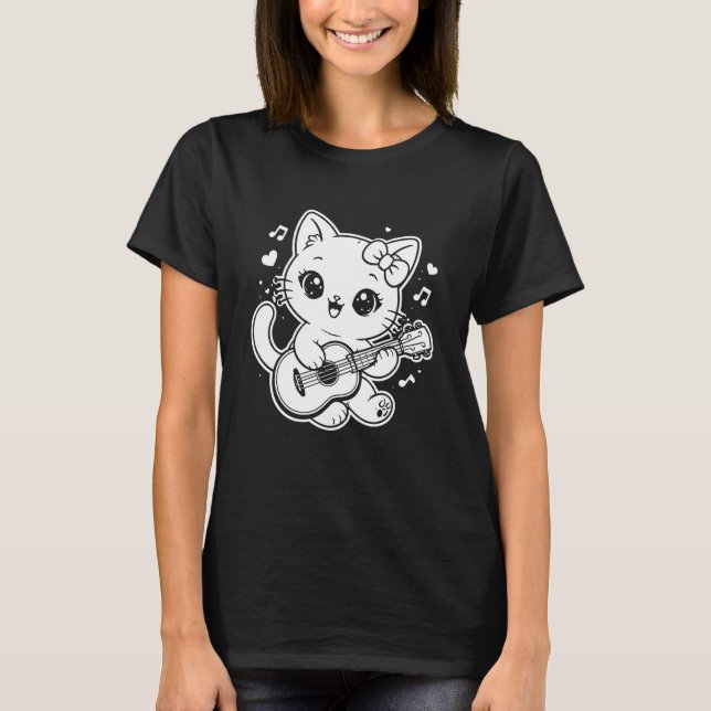 Camiseta Gato Kawaii Tocando Ukulele Manga Longa (Frente)
