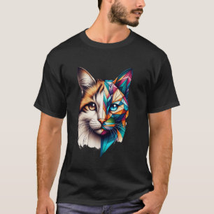 Camiseta Gato Kit Abstract Colorido Meio Rosto Geometria Fo