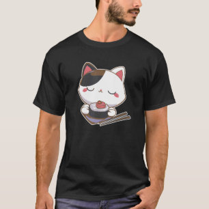 Camiseta Gato Kitty Comendo Sushi Japonês Maki Hashis