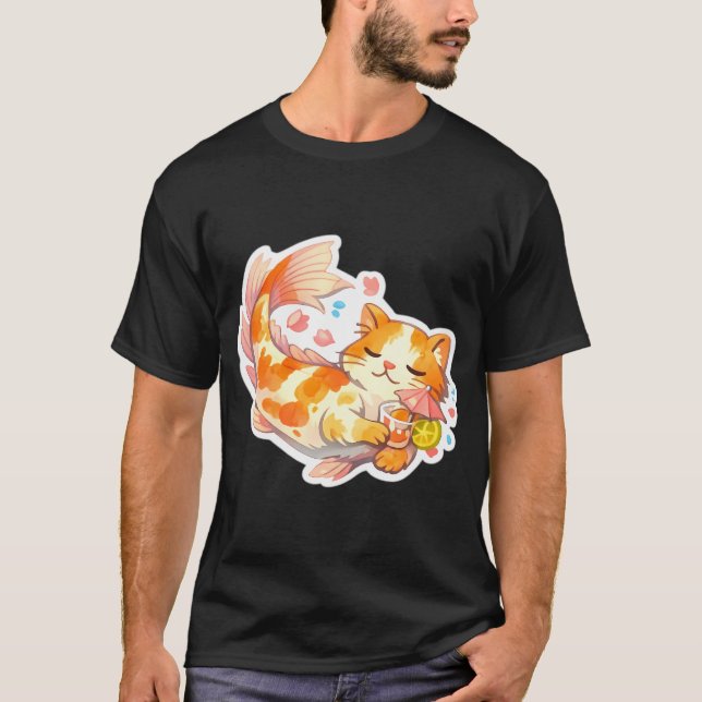 Camiseta Gato Koi Relaxando Bebendo Suco (Frente)