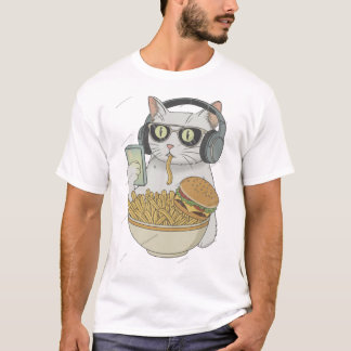 Camiseta Gato Lanche Legal com Fones de Ouvido .