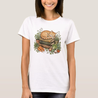 Camiseta Gato Laranja Aconchegante Dormindo sobre Livros