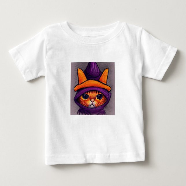 Camiseta Gato Laranja com Chapéu de Bruxa Roxo (Frente)
