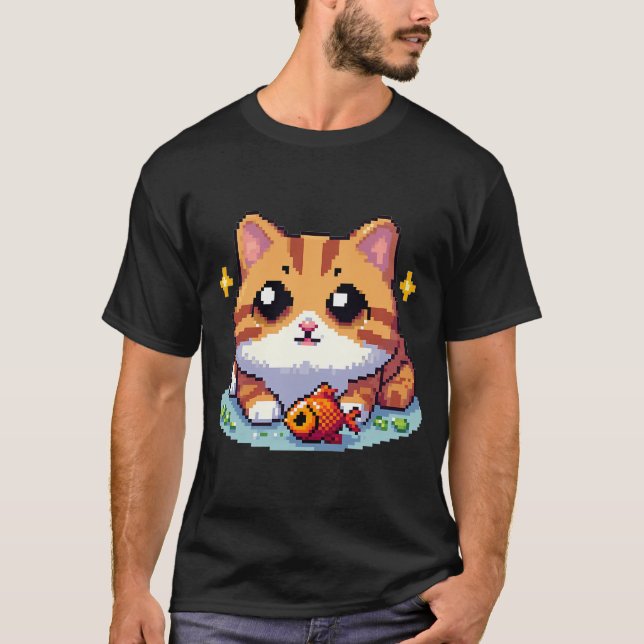 Camiseta Gato laranja com pixelart de peixe (Frente)