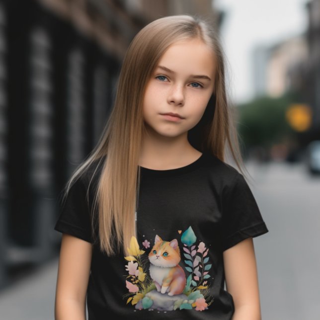 Camiseta Gato Laranja de Aquarela com Flores (Criador carregado)