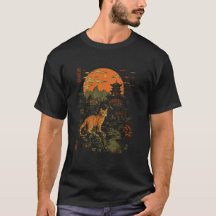 Camiseta Gato Laranja e Antigo Japão Arte Zen e Natureza Se