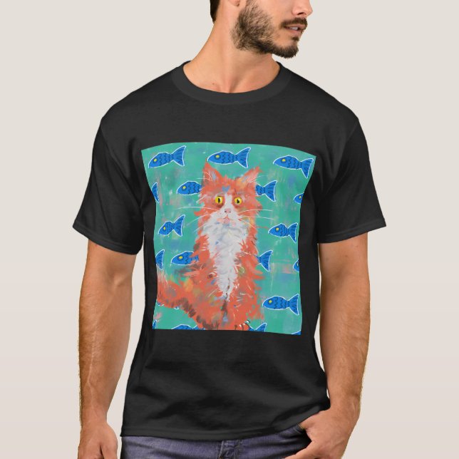 Camiseta Gato Laranja e Peixe Azul (Frente)