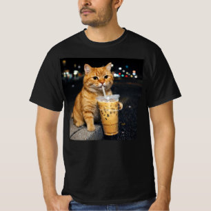 Camiseta Gato Laranja Engraçado Bebendo Café Gelado, meme d