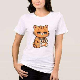 Camiseta Gato Laranja Engraçado Cansado Bebendo Café Fofinh
